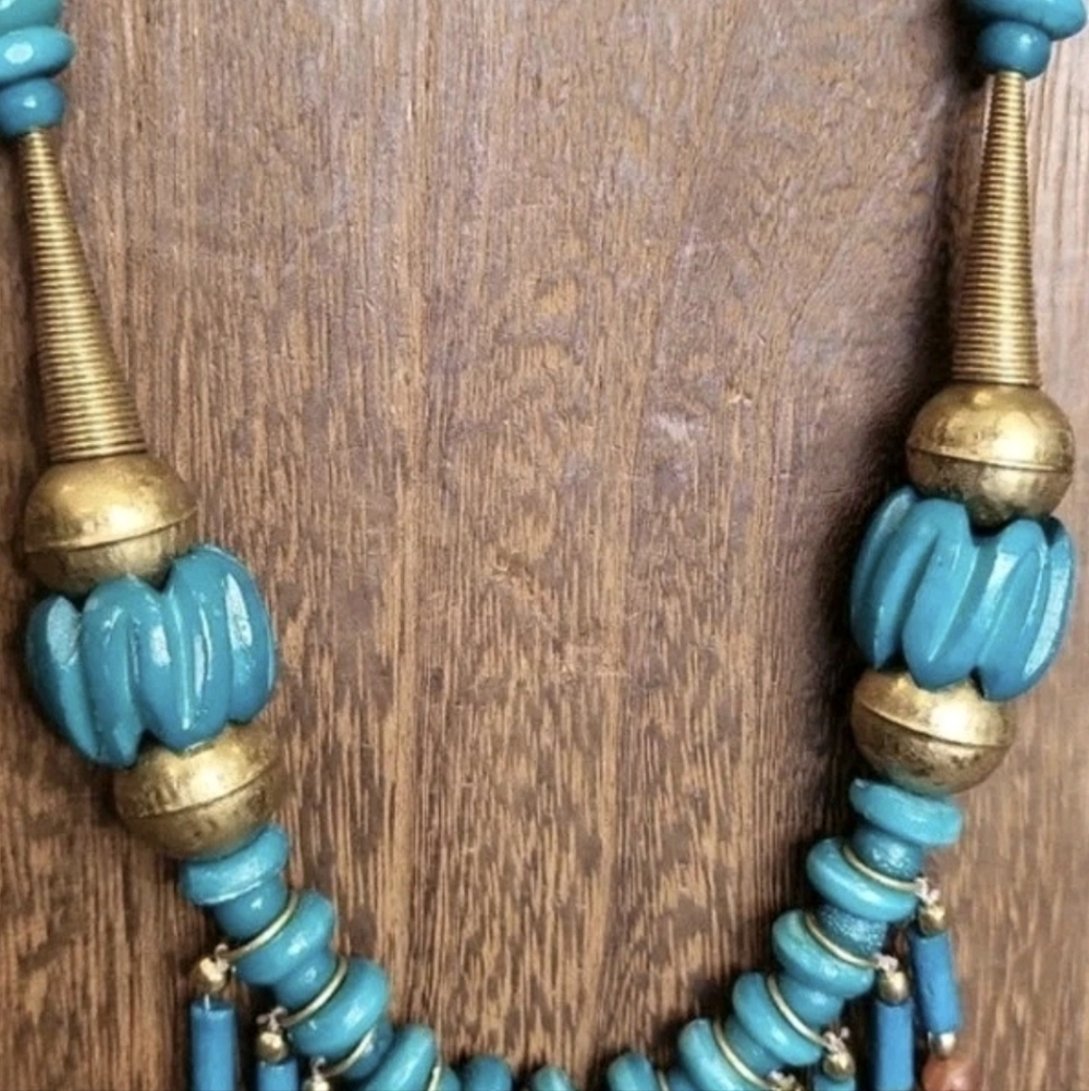 Vintage Turquoise Stone Beaded Cleopatra Statement Necklace & Earrings Set - Picture 3 of 12